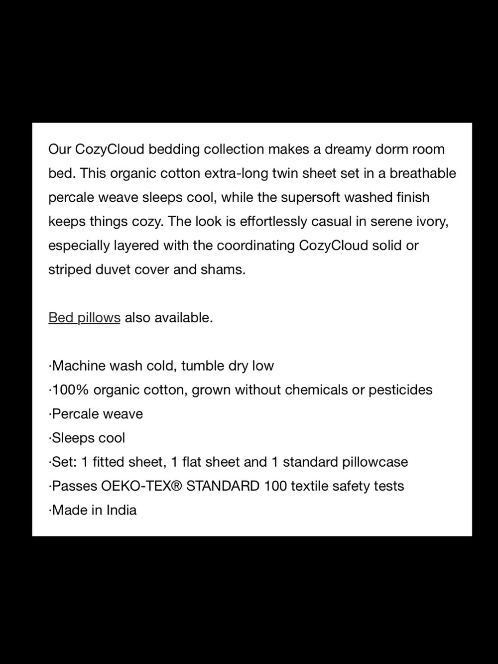 Crate & Barrel Cozy Cloud Washed Organic Cotton Pampas Ivory Twin XL Sheet Set.